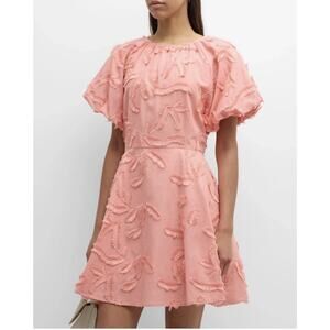 NWT Misook puff sleeve coral fringe minidress Size S Small